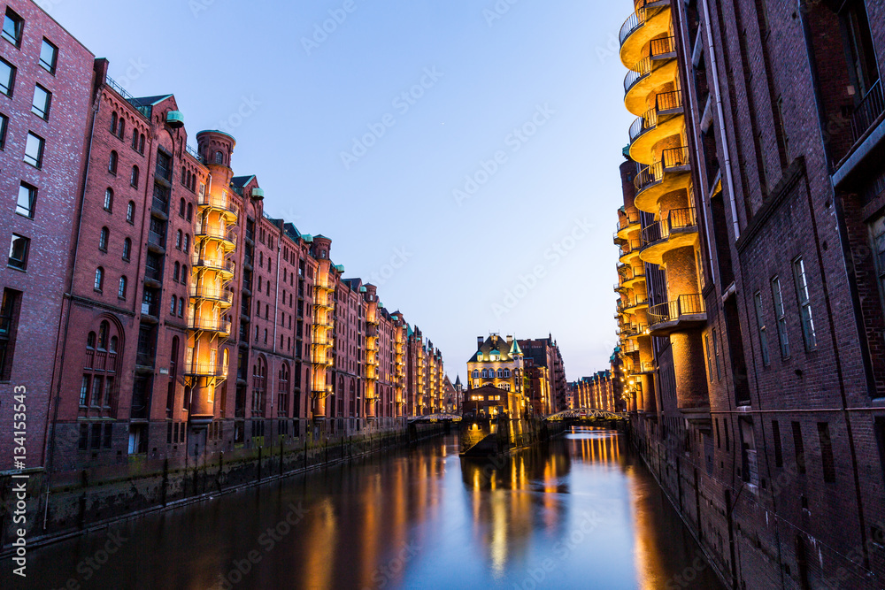 View of the Speicherstadt, also called Hafen City,  in Hamburg,