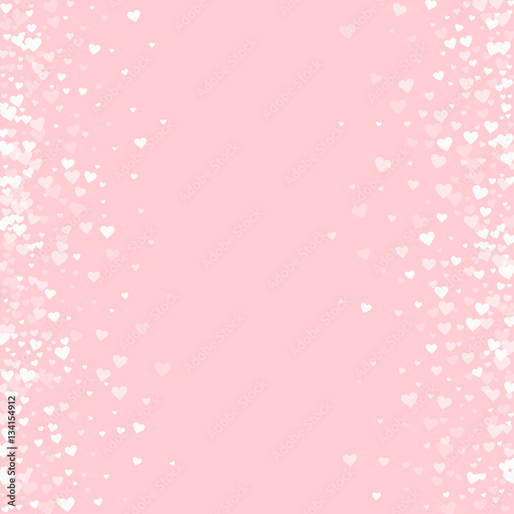 White hearts confetti. Scattered frame on pale_pink valentine background. Vector illustration.