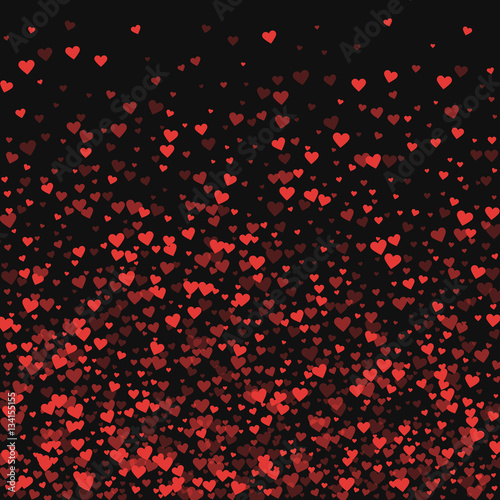 Red hearts confetti. Bottom gradient on black valentine background. Vector illustration.