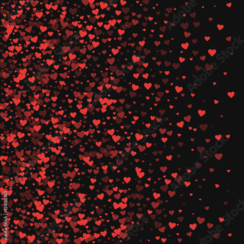 Red hearts confetti. Left gradient on black valentine background. Vector illustration.