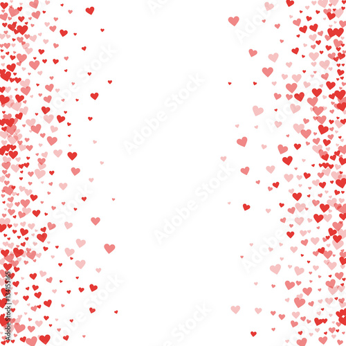 Red hearts confetti. Scattered frame on white valentine background. Vector illustration.