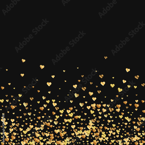 Gold gradient hearts confetti. Scatter bottom gradient on black valentine background. Vector illustration.
