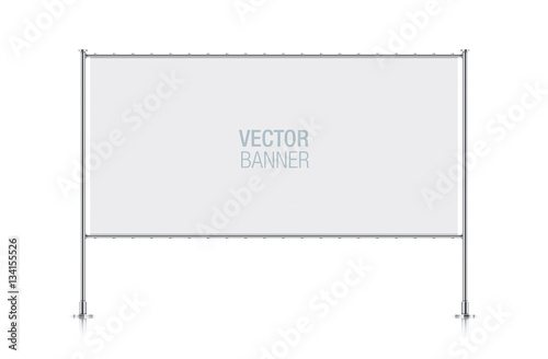 White vector advertising banner. Square banner, with metal construction isolated on background.