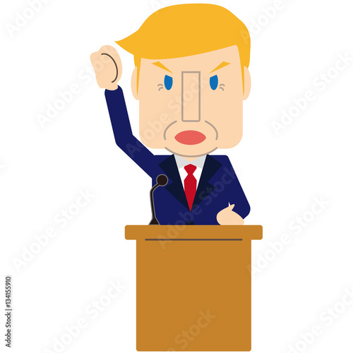 演説する紺のスーツのブロンドアメリカ人　情熱をこめて握りこぶしを掲げる