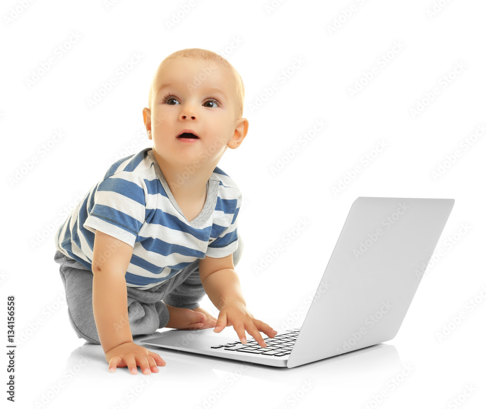 Cute baby boy with laptop on white background Cute baby boy with laptop on white background