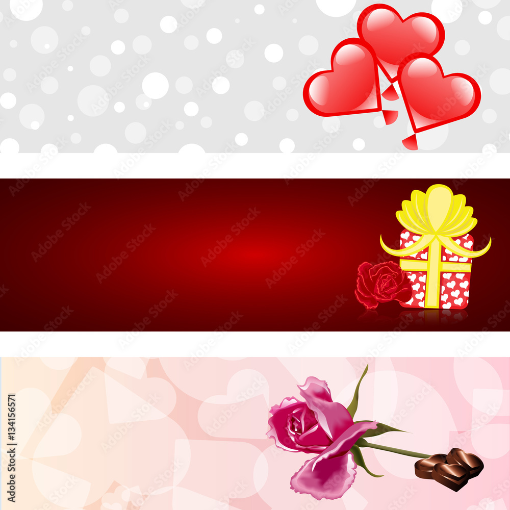 Valentines day three banners set love hearts rose candy chocolatte