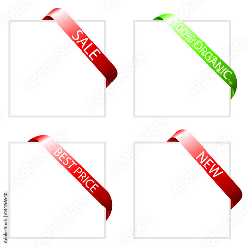 Four shopping sale tags labels corners red green organic natural