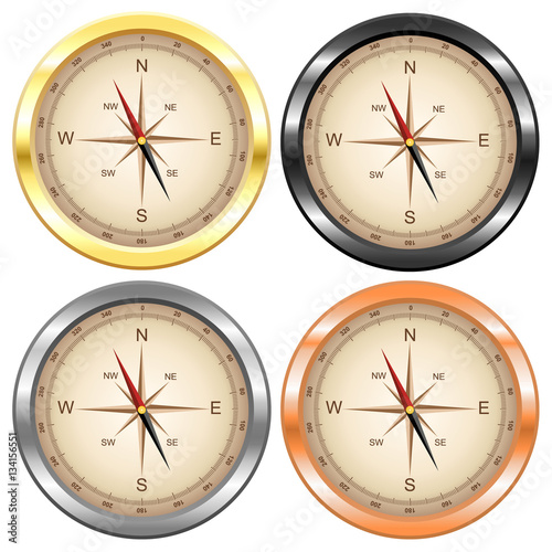 Compass four colors set gold dark platinum silver copper travel adventure