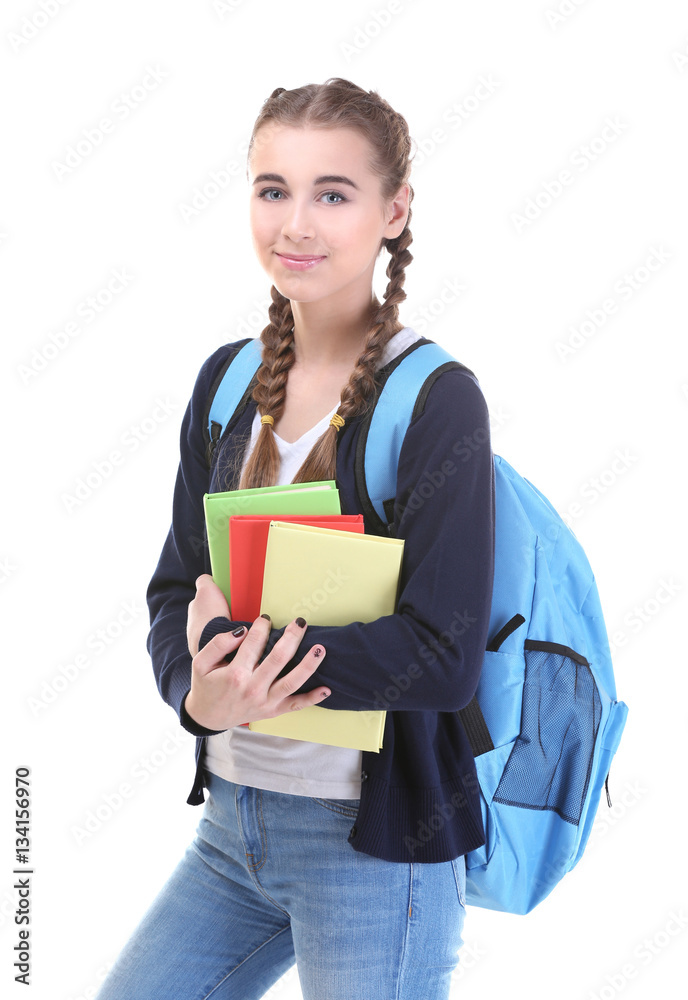 Pretty teenager girl with books on white background Pretty teenager girl with books on white background