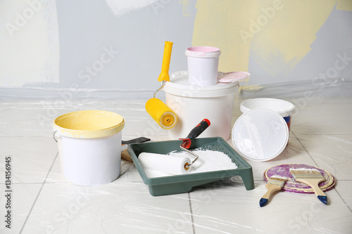 Set of painter tools on floor