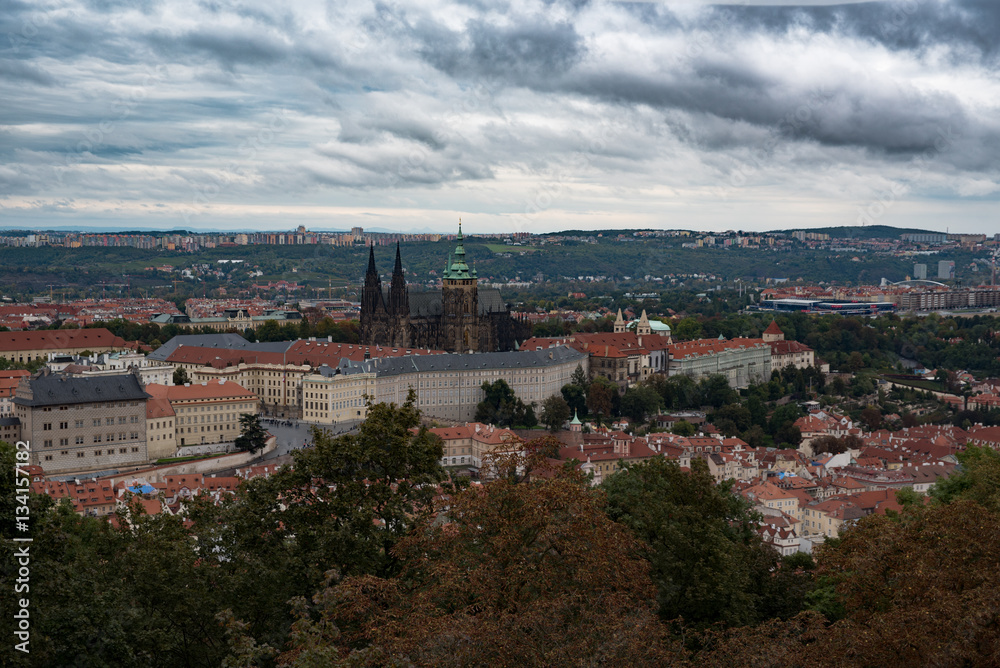 An aerial view of Prague Castle and St. Vitus