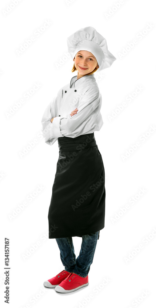 Cute girl in chef uniform on white background Cute girl in chef uniform on white background