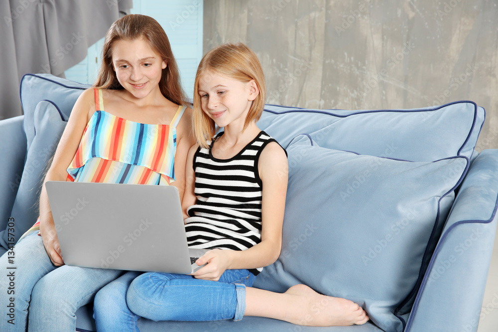 Two cute girls with laptop on sofa