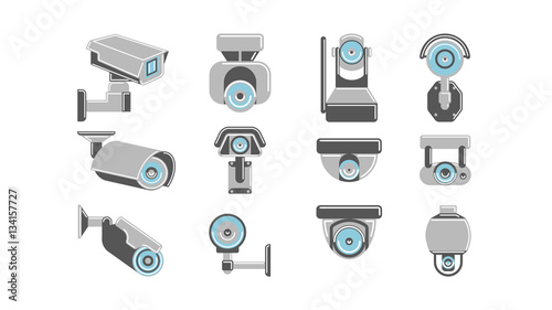CCTV cameras set on white background. Concept of safety, guardiance, security and observing.
