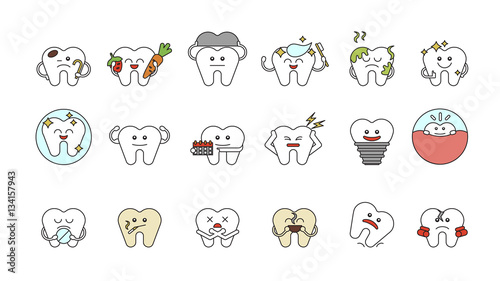 Fototapeta Naklejka Na Ścianę i Meble -  Funny teeth set on white background. Concept of dental care. Different cartoon teeth with emotions.