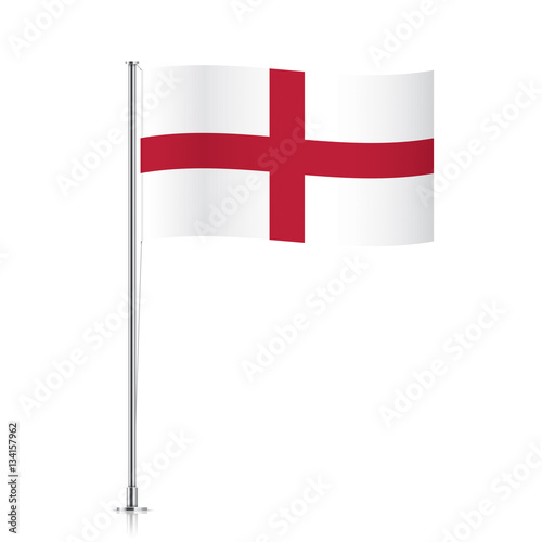 Waving flag of England on a metallic pole, isolated on a white background.