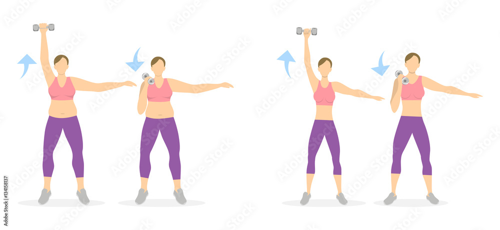 Arms exercise for women on white background. Workout for arms and hands with dumbbels. From fat to skinny. Arms exercise for women on white background. Workout for arms and hands with dumbbels. From fat to skinny.
