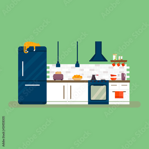 Kitchen and furniture interior flat style vector illustration