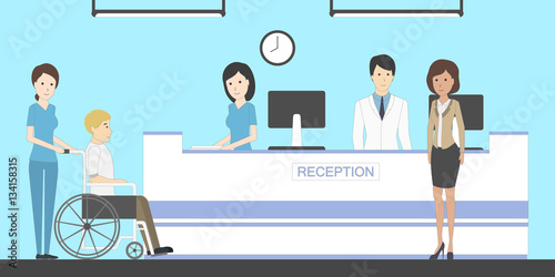 Reception in hospital with patients. Waiting room with disabled man. Healthcare.