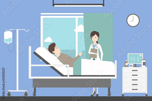 Ward in hospital with doctor or nurse and patient. Clean and bright ward. Man with desease.