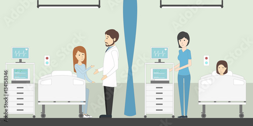 Ward in hospital with doctor or nurse and patient. Clean and bright separated ward. Woman and kid with desease.