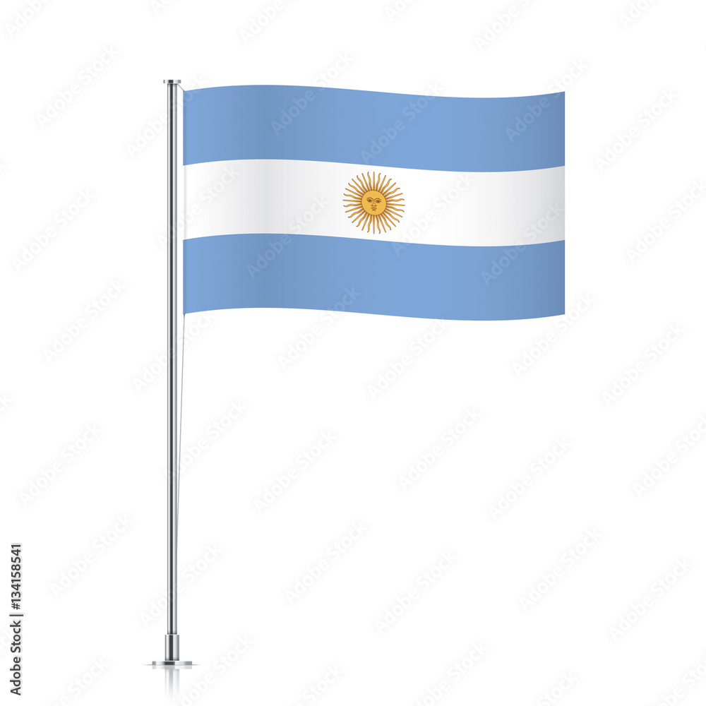 Argentina vector flag template. Waving flag of Argentina on a metallic pole, isolated on a white background.