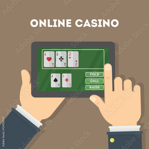Online casino in the tablet. Hands holding device with gambling game. Gaming addiction.