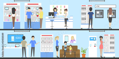 Phone store interior set. Salespersons and buyers. Shelves with phones, tablets and other devices and accessories.