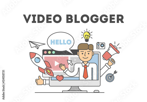 Video blogging concept.Idea of creating videos and vlogs about anything. Illustartion with icons as rocket, laptop screen. White background.