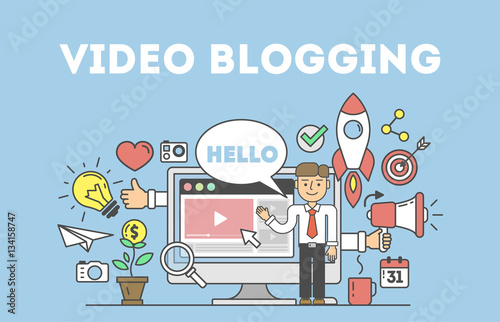 Video blogging concept.Idea of creating videos and vlogs about anything. Illustartion with icons as rocket, laptop screen.