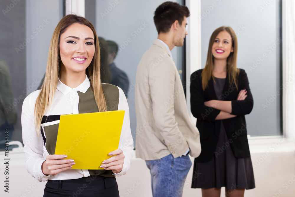 Beautiful business woman standing in the office. Business people in the background. Beautiful business woman standing in the office. Business people in the background.