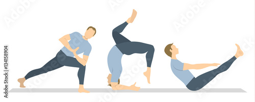 Yoga workout set on white background. Different poses and asanas. Healthy lifestyle. Body stretching. Exercises for men.