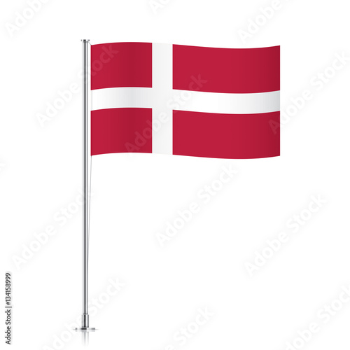 Danish vector flag template. Waving flag of Denmark on a metallic pole, isolated on a white background.