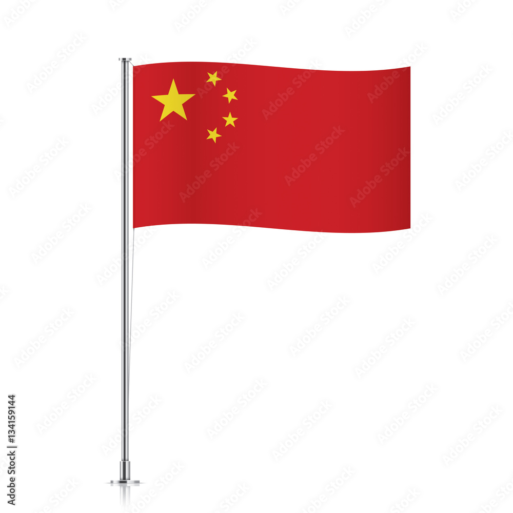 Chinese vector flag template. Waving flag of China on a metallic pole, isolated on a white background.