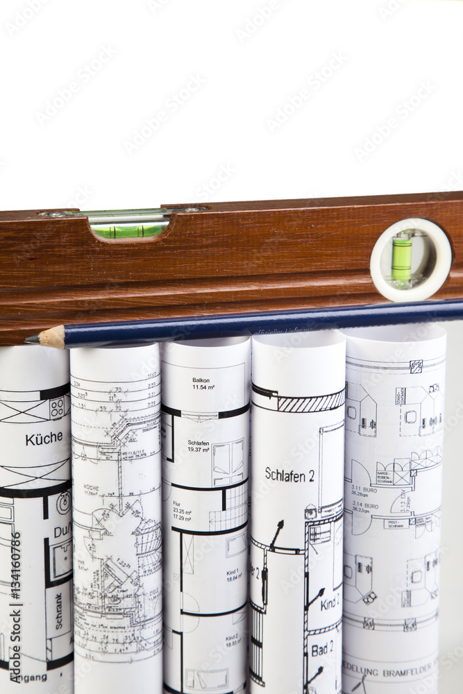 Fototapeta premium Baupläne mit Wasserwaage