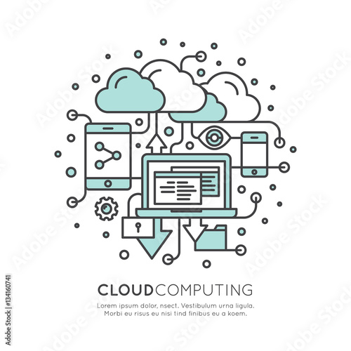 Vector Icon Style Illustration of Cloud Computing Technology, Hosting, Cloud Management, Data Security, Server Storage, Api, Mobile and Desktop Memory, Isolated Web Design Template