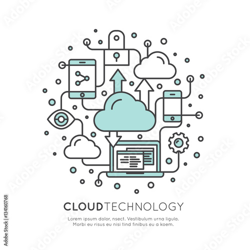 Vector Icon Style Illustration of Cloud Computing Technology, Hosting, Cloud Management, Data Security, Server Storage, Api, Mobile and Desktop Memory, Isolated Web Design Template