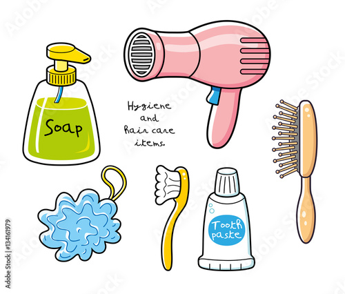 Hygiene and body care items. Hair dryer, comb, liquid soap bottle, bath puff, tooth brush and paste.