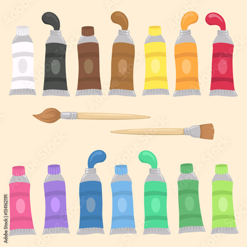 Paint Tubes Set and Brush Vector Illustration Cartoon school Supplies