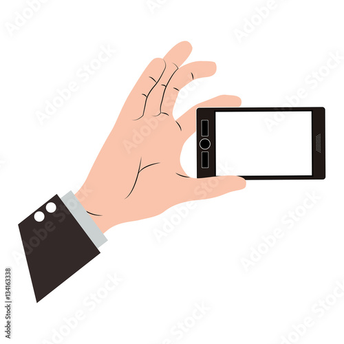 Hand holding smartphone icon. Cellphone mobile digital and phone theme. Isolated design. Vector illustration