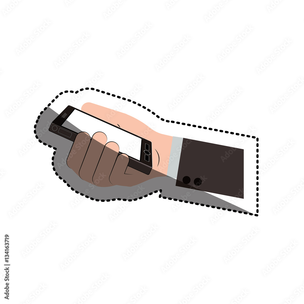 Hand holding smartphone icon. Cellphone mobile digital and phone theme. Isolated design. Vector illustration