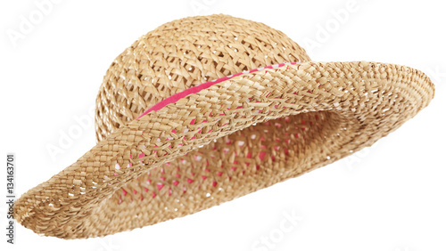 Side view of curved brim straw hat photo