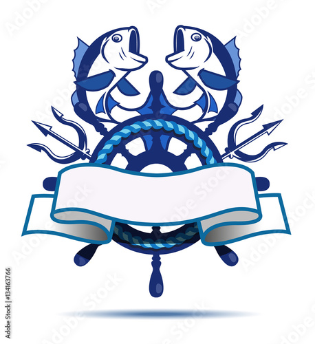 Sea travel logo. Ship steering wheel.