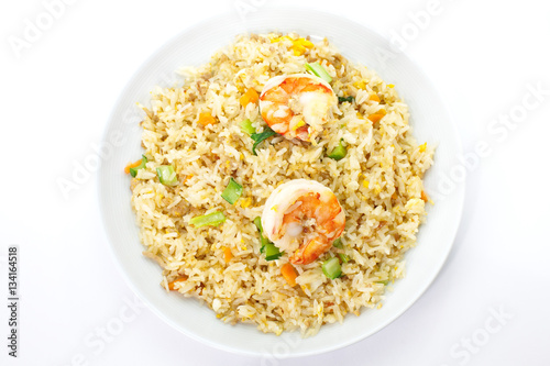 Asian food , Shrimp fried rice with vegetable on white background