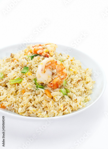 Asian food , Shrimp fried rice with vegetable on white background