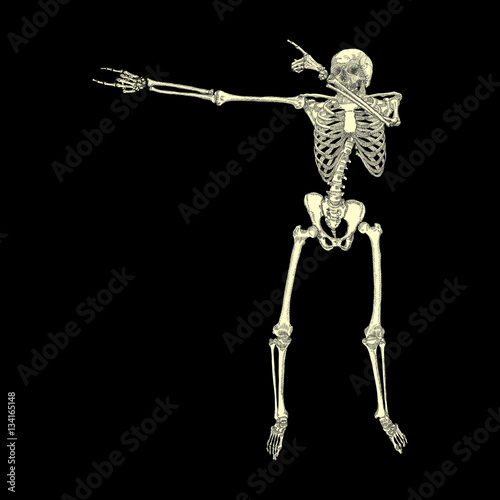 Human skeleton posing DAB, perform dabbing dance move gesture, posing on black background. Vector.