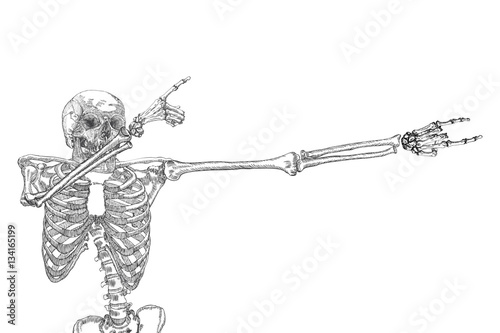 Human skeleton dancing DAB, perform dabbing move gesture, posing on white background. Vector.