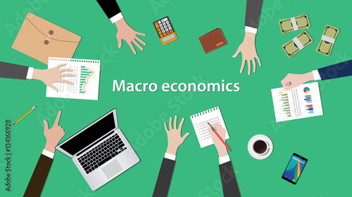 macro economics concept discussion illustration with paperworks, money, notebook on top of table