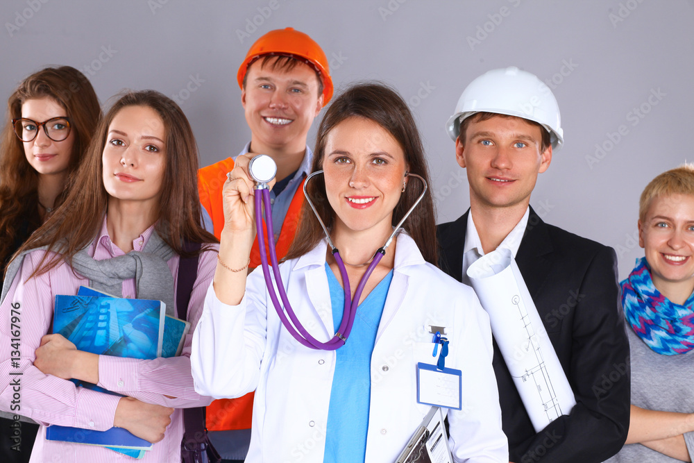 Woman doctor and a group of workers people