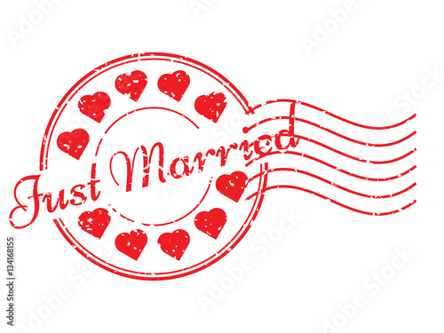 Grunge red just married and heart icon round rubber stamp with p